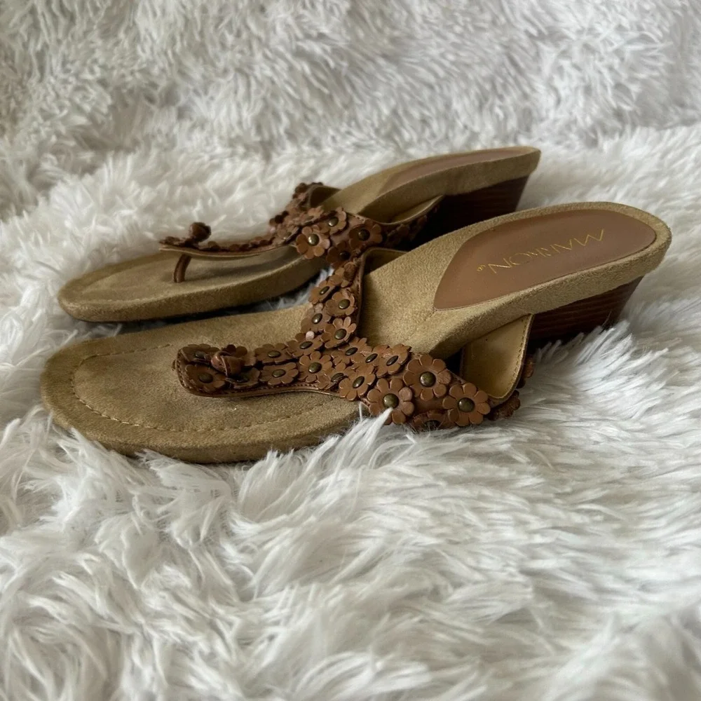 Markon Cordelia Sandals Womens‎ 7.5 Brown Slip On Wedge Floral Boho Cottagecore
